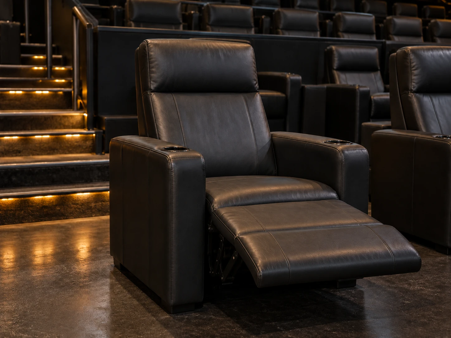 A cinema recliner with the legrest extended