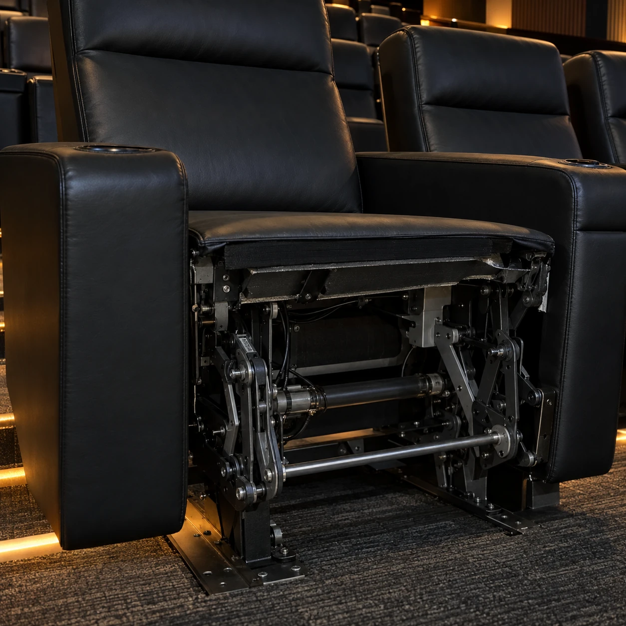 An exposed recline mechanism on a cinema seat