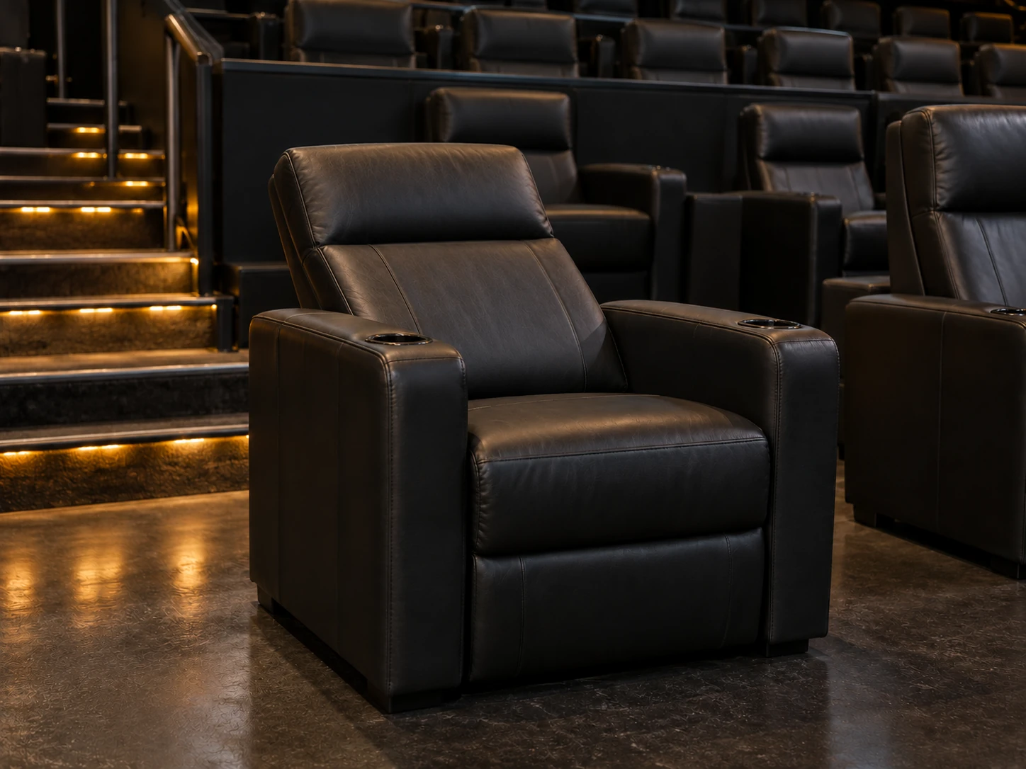 A cinema recliner in the reclined position