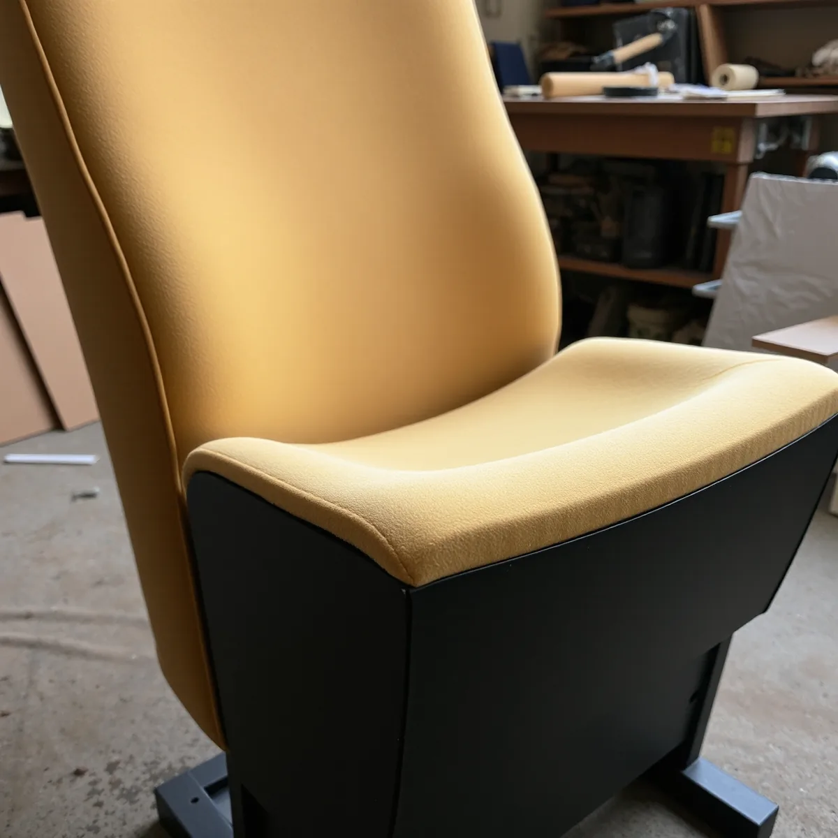 A cinema seat part way through reupholstery on a workshop floor, its pale padding exposed above a dark moulded base