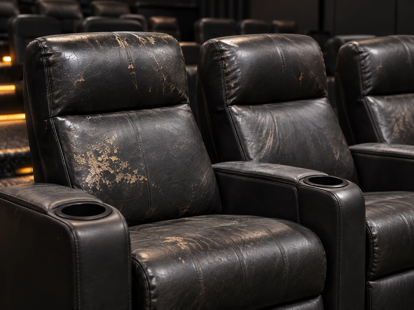 Cinema recliners with cracked black covers
