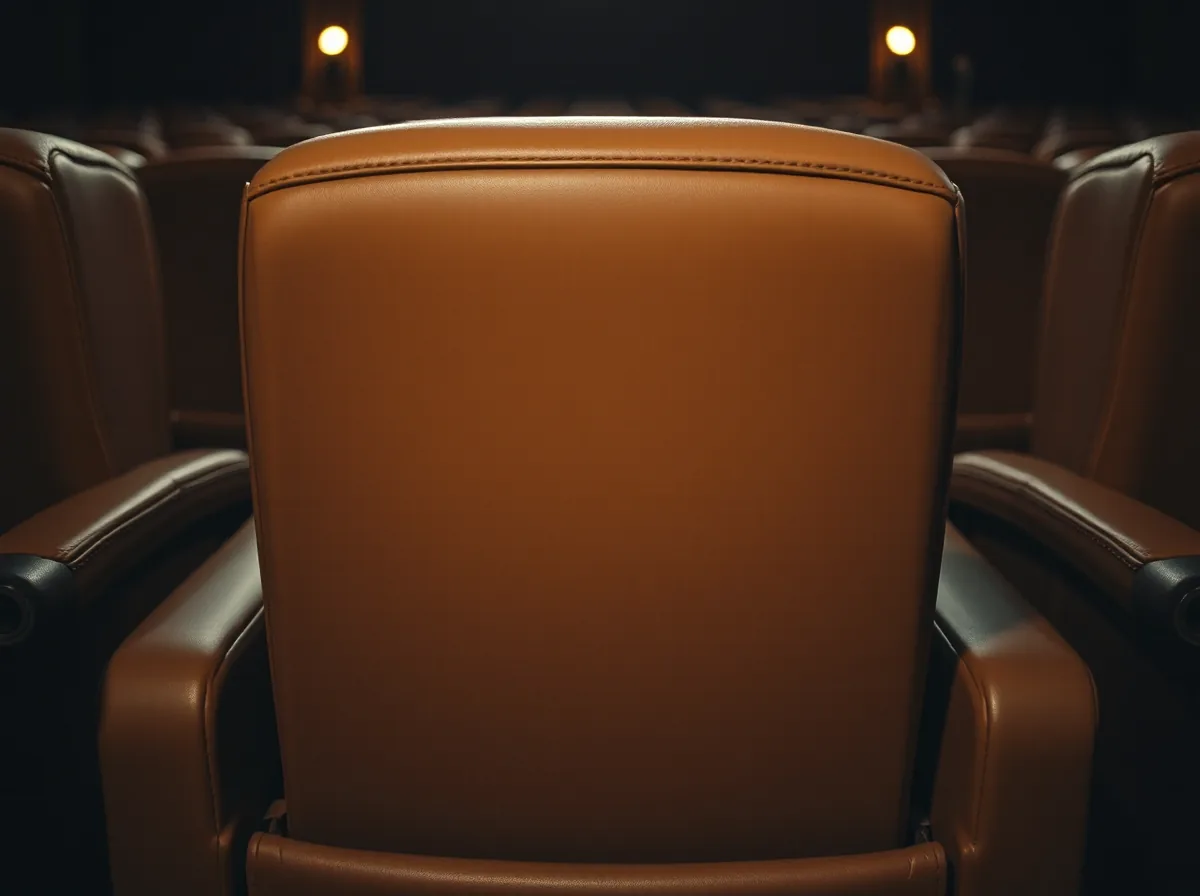 The back of a tan brown leather cinema recliner seen from the row behind it, the outer back panel worn and faintly marked low down