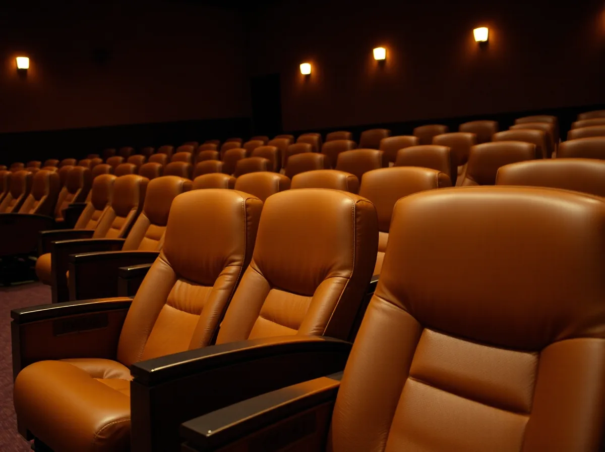 One tan brown leather cinema recliner closed and upright in a row of matching seats in an empty auditorium