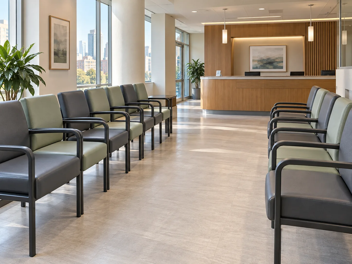 Rows of sage and charcoal chairs in a clinic lobby