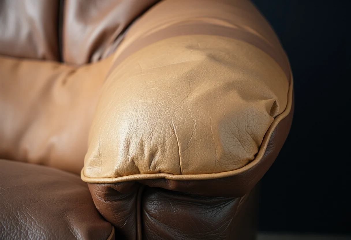 The rolled arm of a leather club chair, the crown rubbed pale along the top