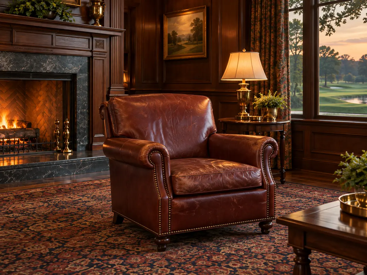 Before: an oxblood club chair with worn arms and a faded seat