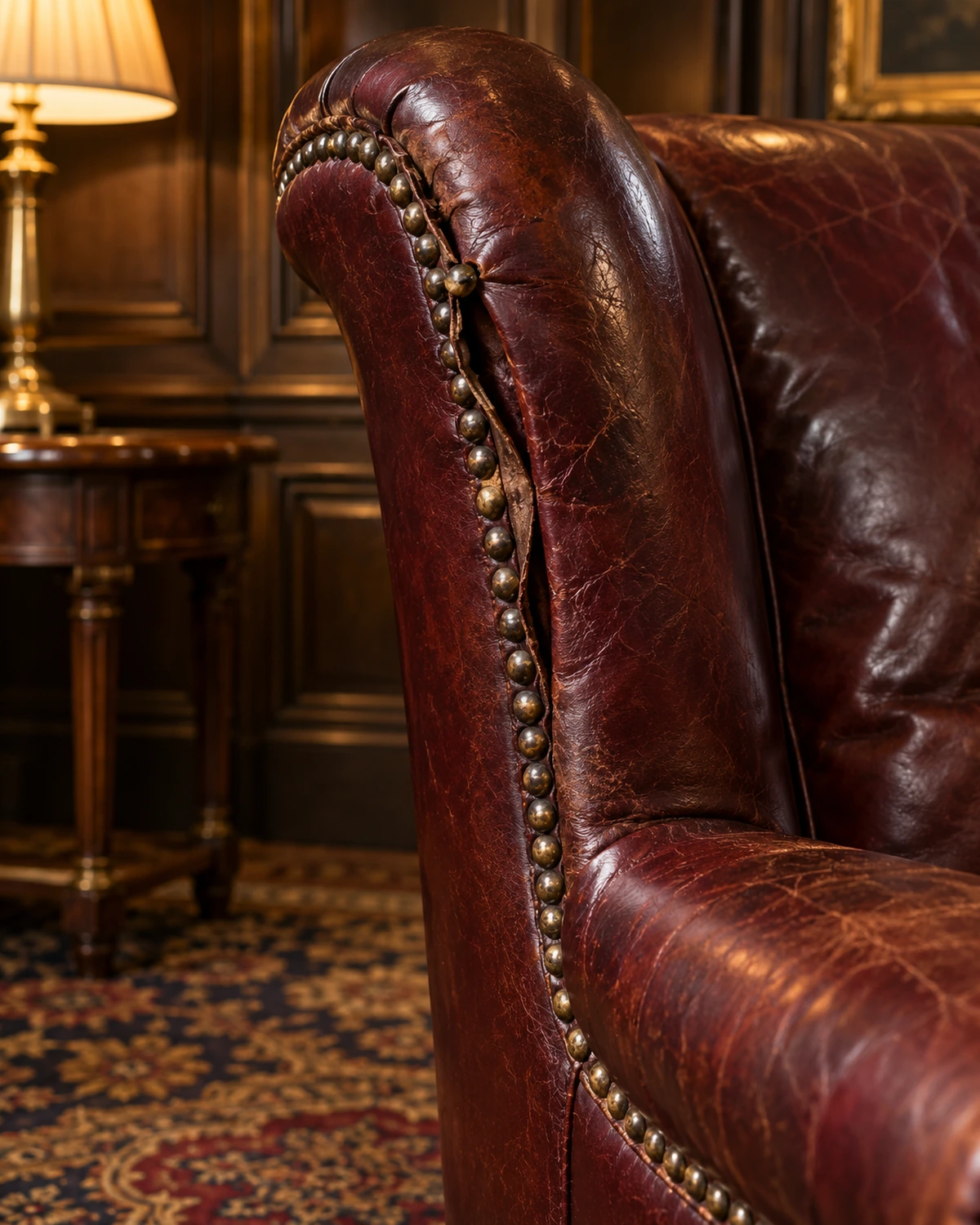 Loose nailheads on a leather wing chair