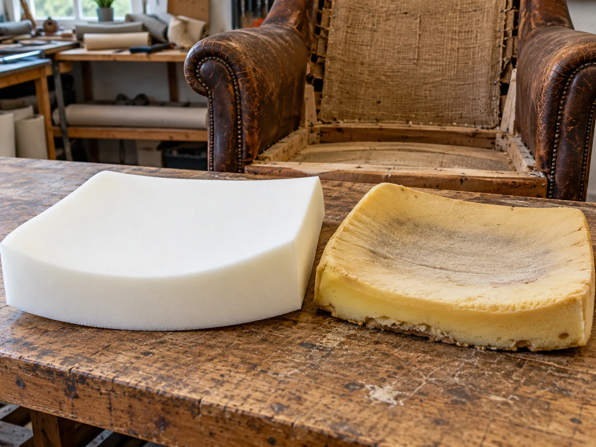 New foam cut to the original seat profile on a workshop bench