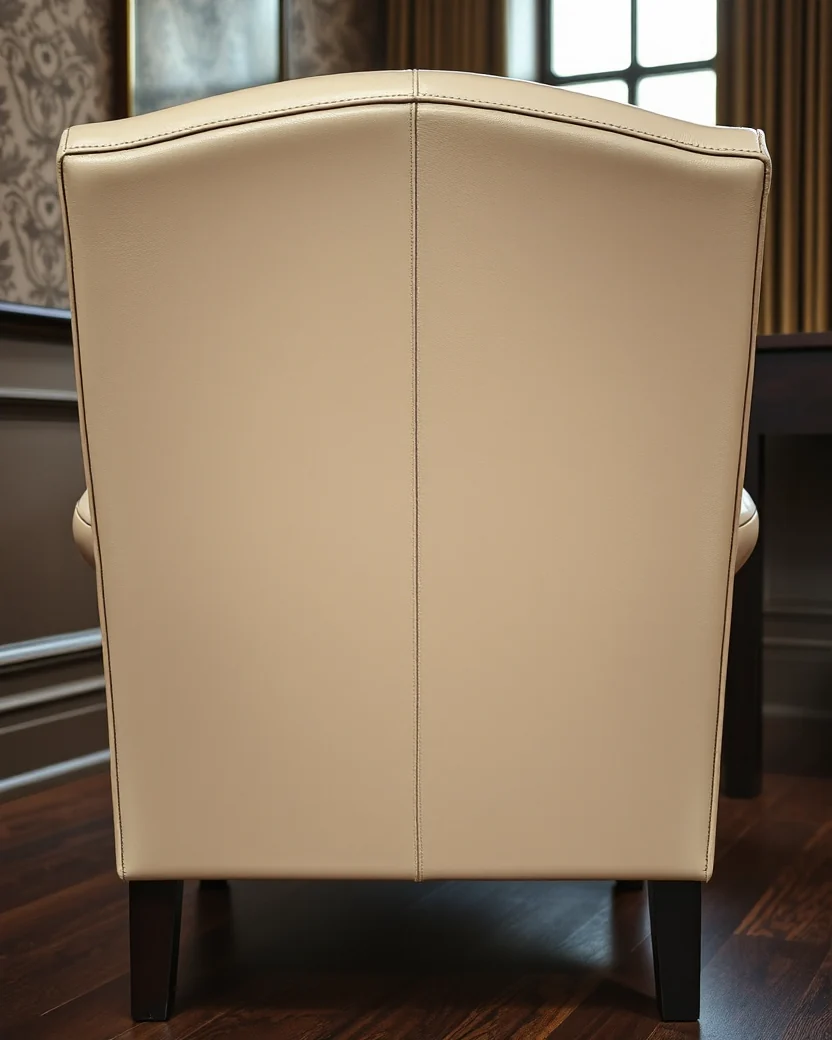 The outside back of a chair freshly recovered in cream leather, the panel smooth and taut