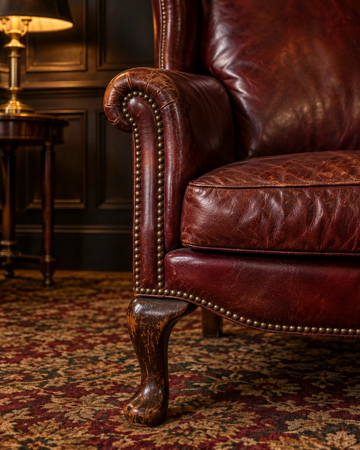 A scuffed wood chair frame and leg