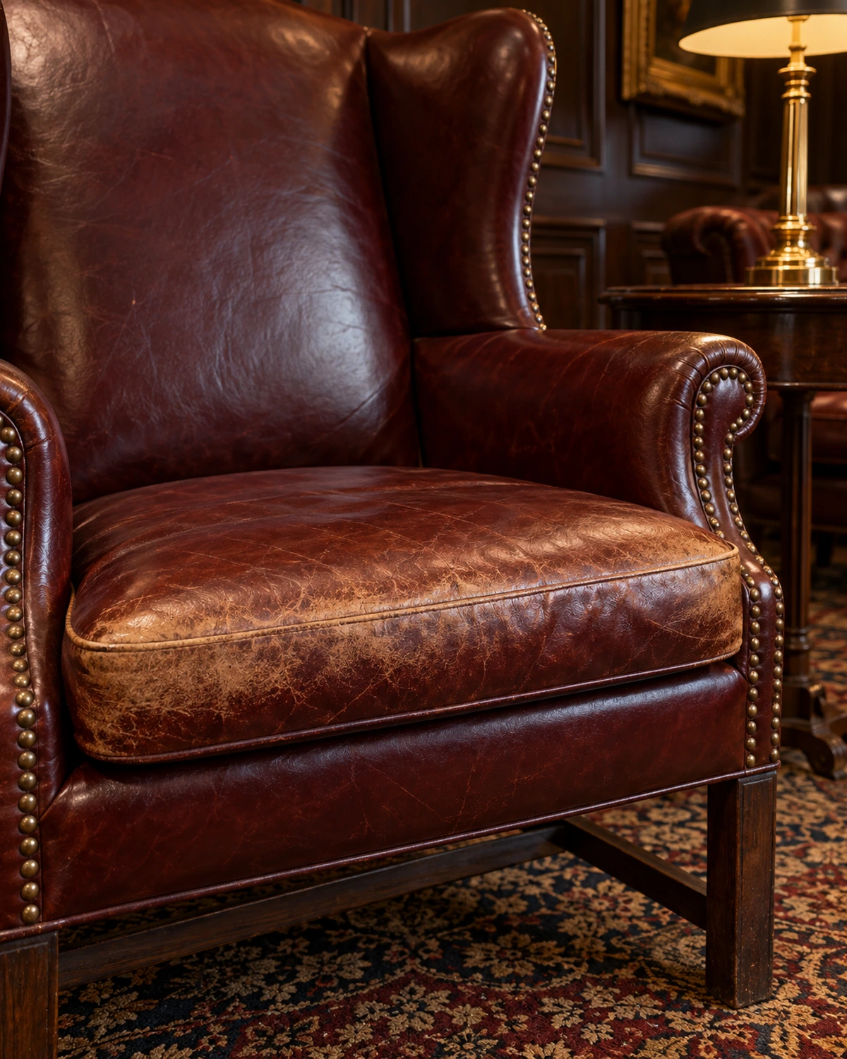 A club chair seat front worn pale along its edge