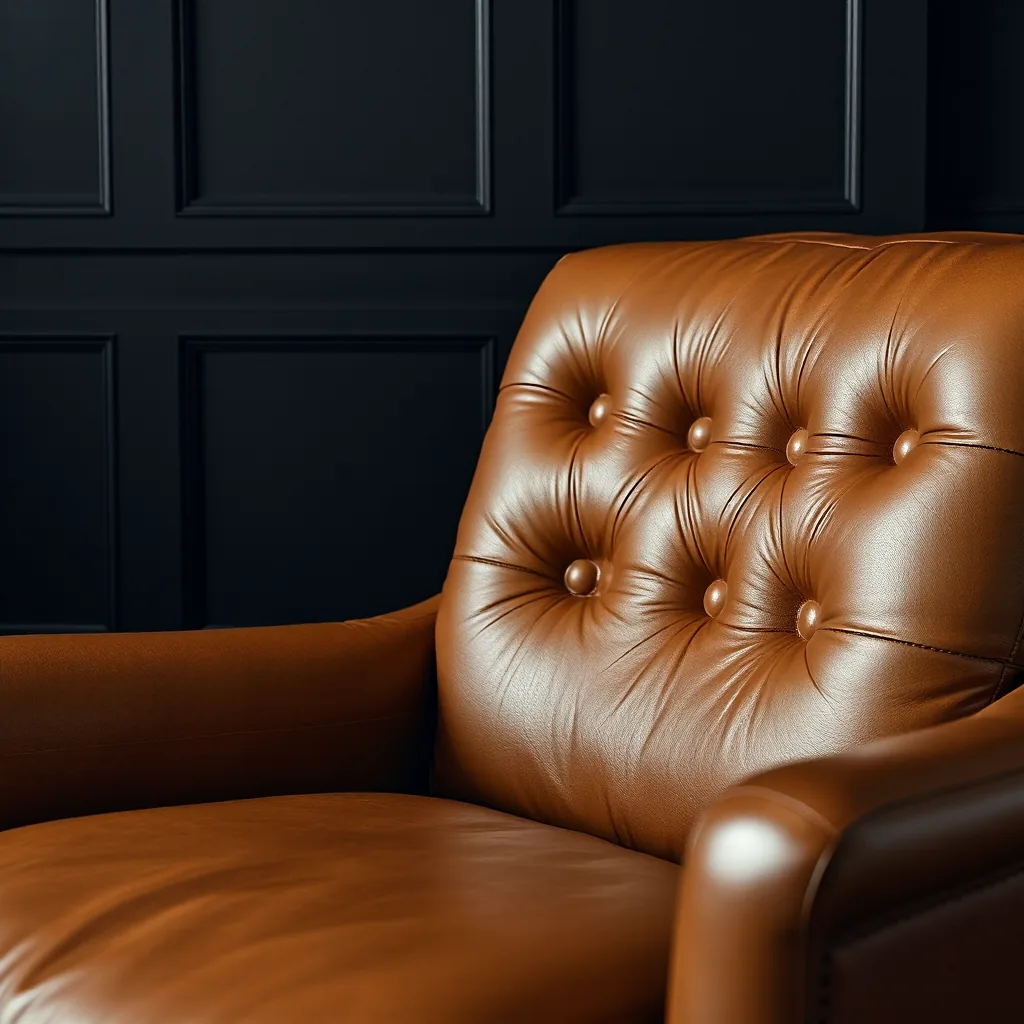 A buttoned leather chair seat, each button pulled down into a shallow dimple
