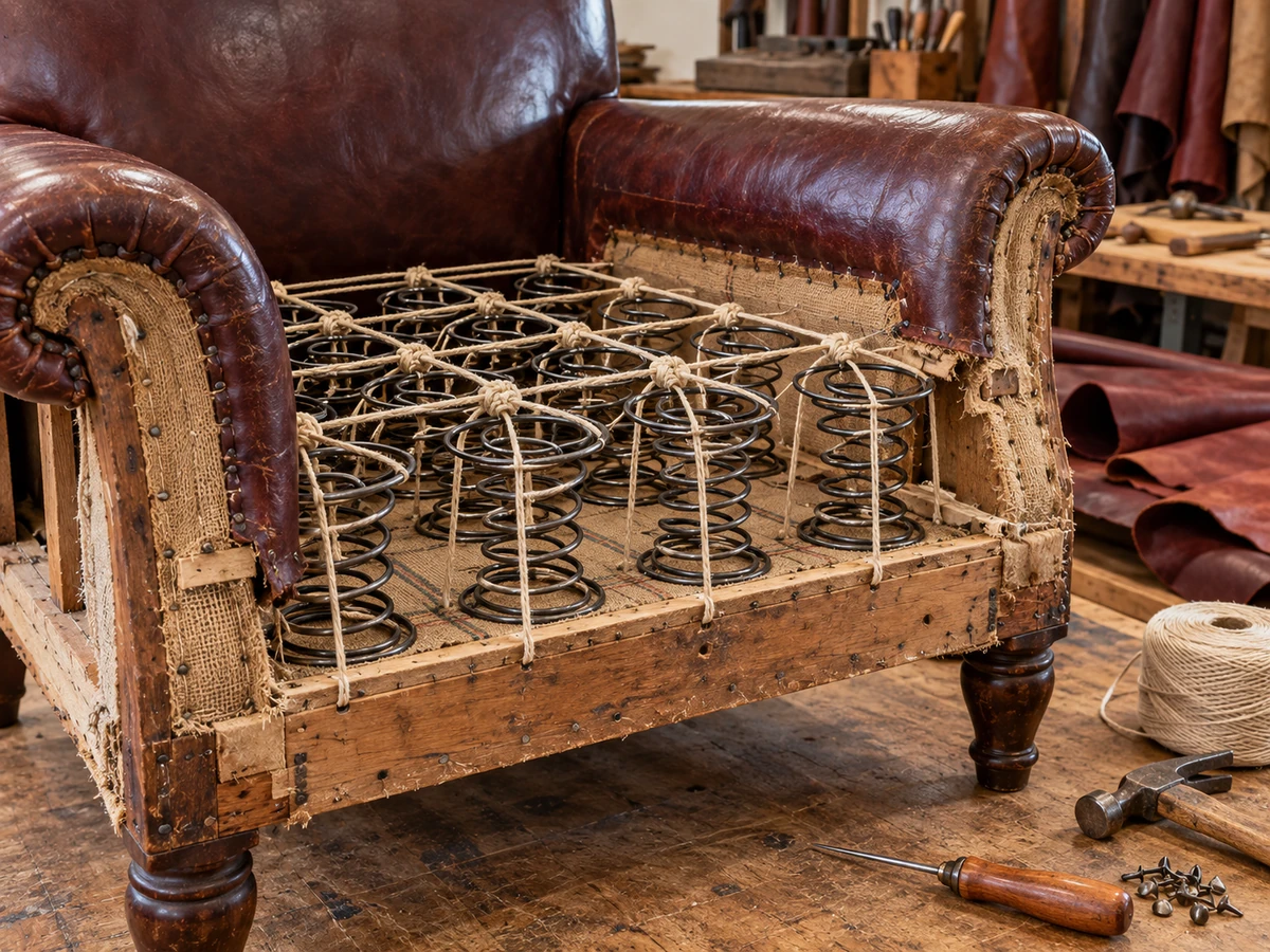 Springs hand tied in a chair frame