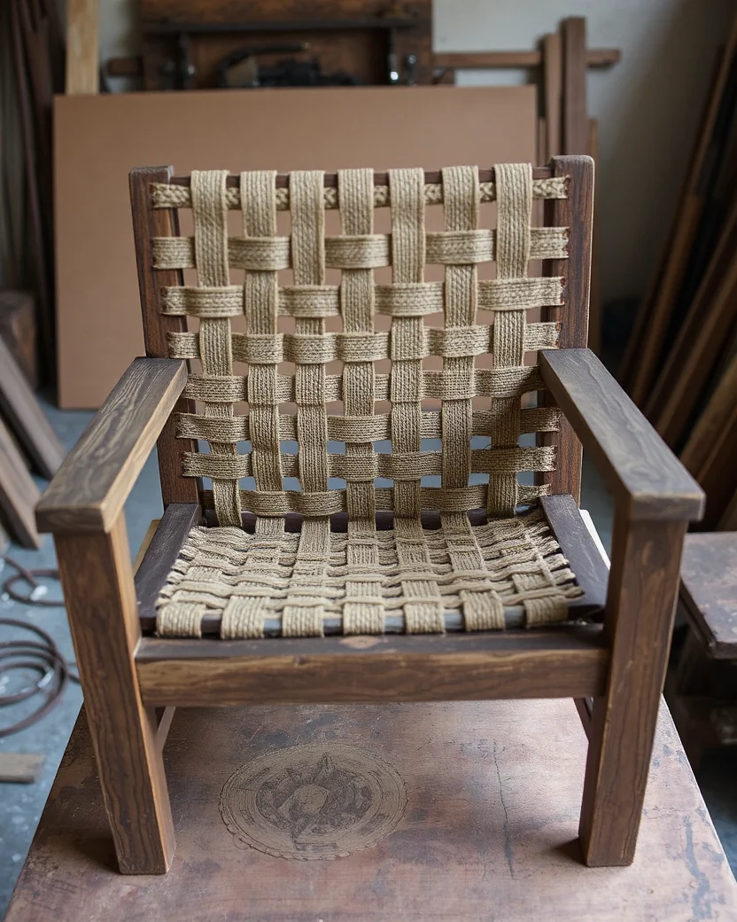 Wooden chair frame stripped back with webbing exposed