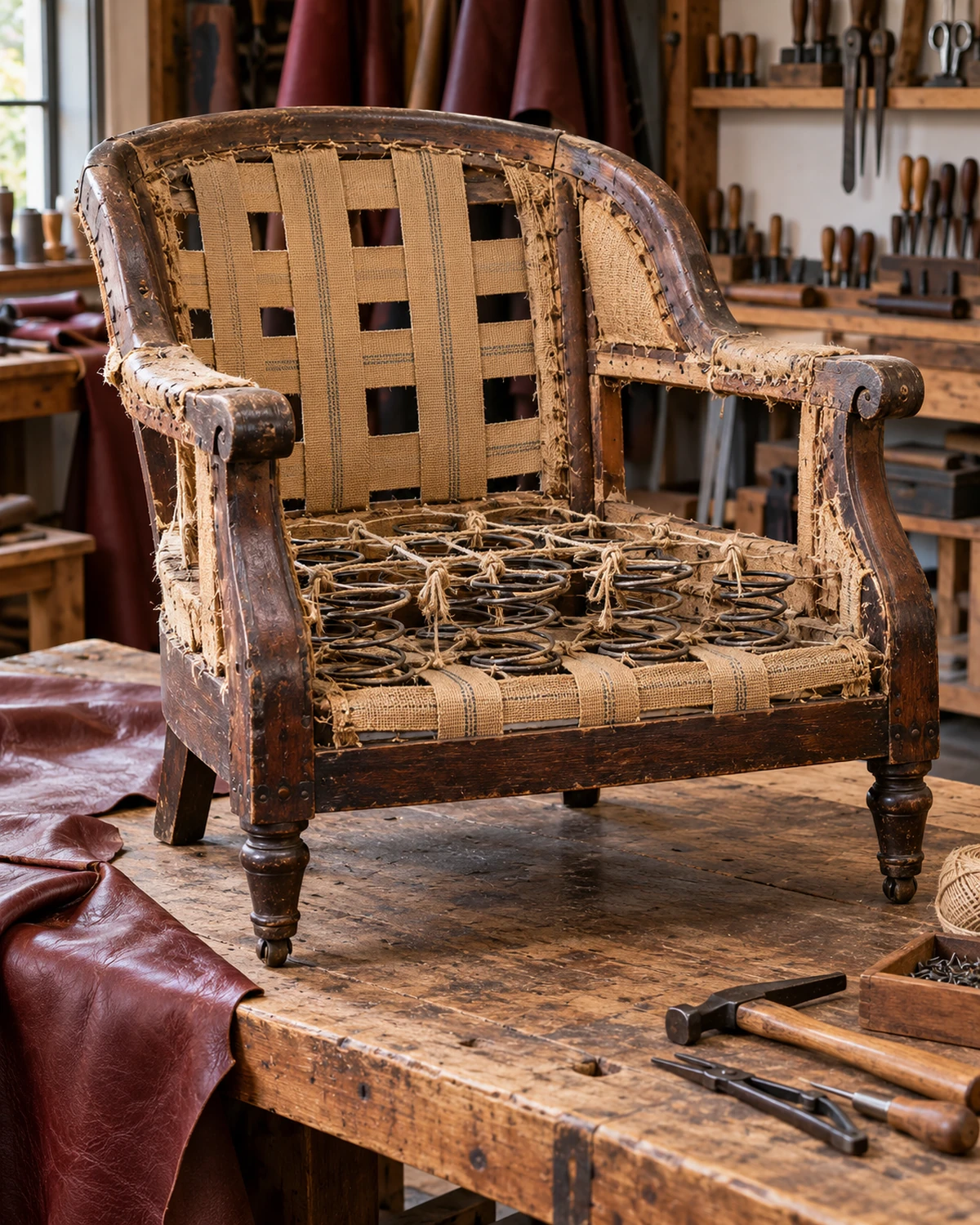Furniture reupholstery Teaneck NJ: a club chair stripped to its frame and webbing