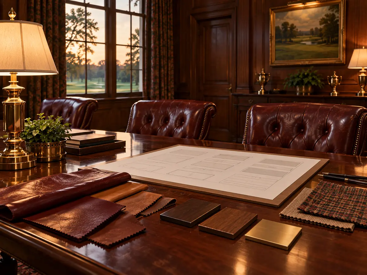 Leather samples and a room-by-room list laid out on a club boardroom table