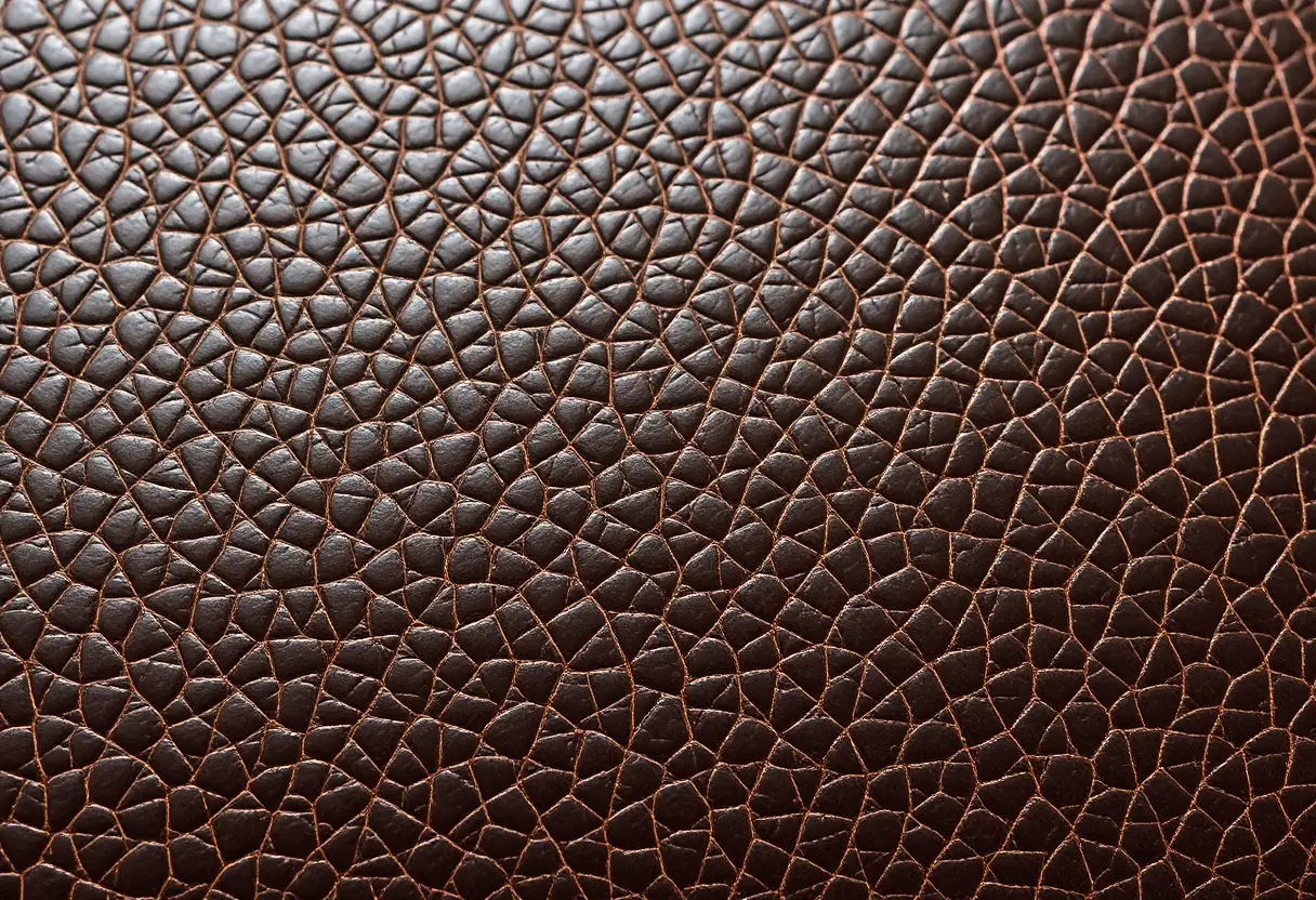 A close view of dark brown leather where the finish has crazed into a fine network of cracks