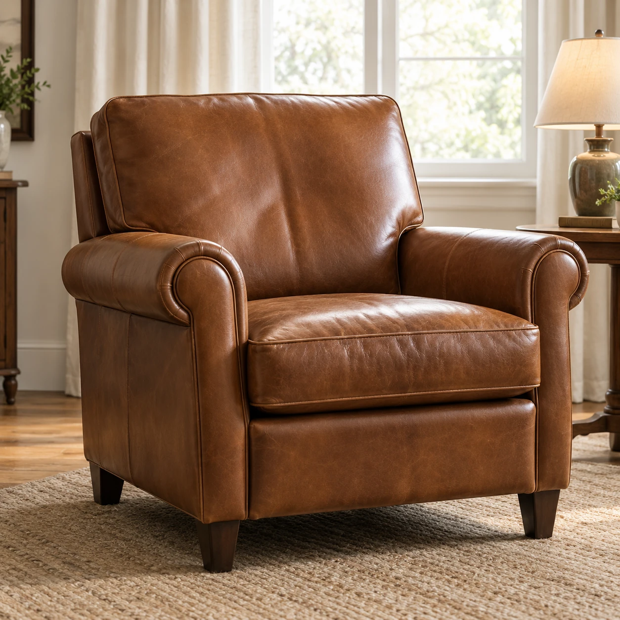 Chair reupholstery NYC: a brown leather club chair with rolled arms and a loose seat cushion