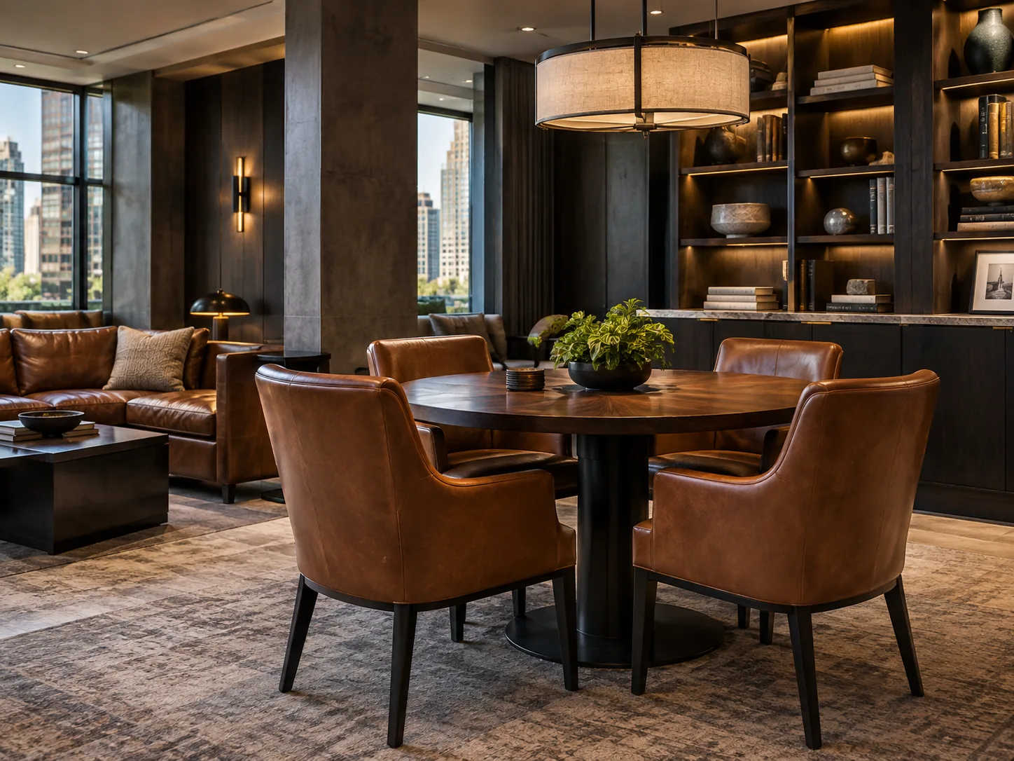 A club room with cognac leather dining chairs around a round table