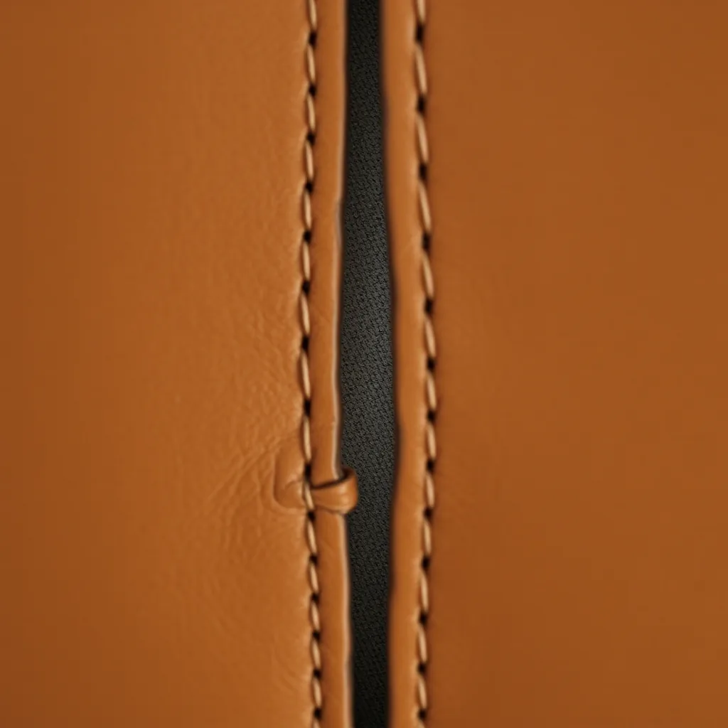 An open seam on a leather chair arm with the stitch line pulled apart