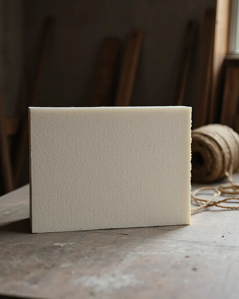 A block of pale foam cut square, standing beside a stripped chair in a workshop