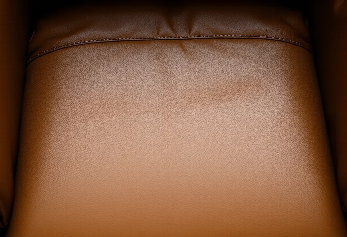 A broad caramel leather chair seat, the colour even and the grain unbroken across the whole panel