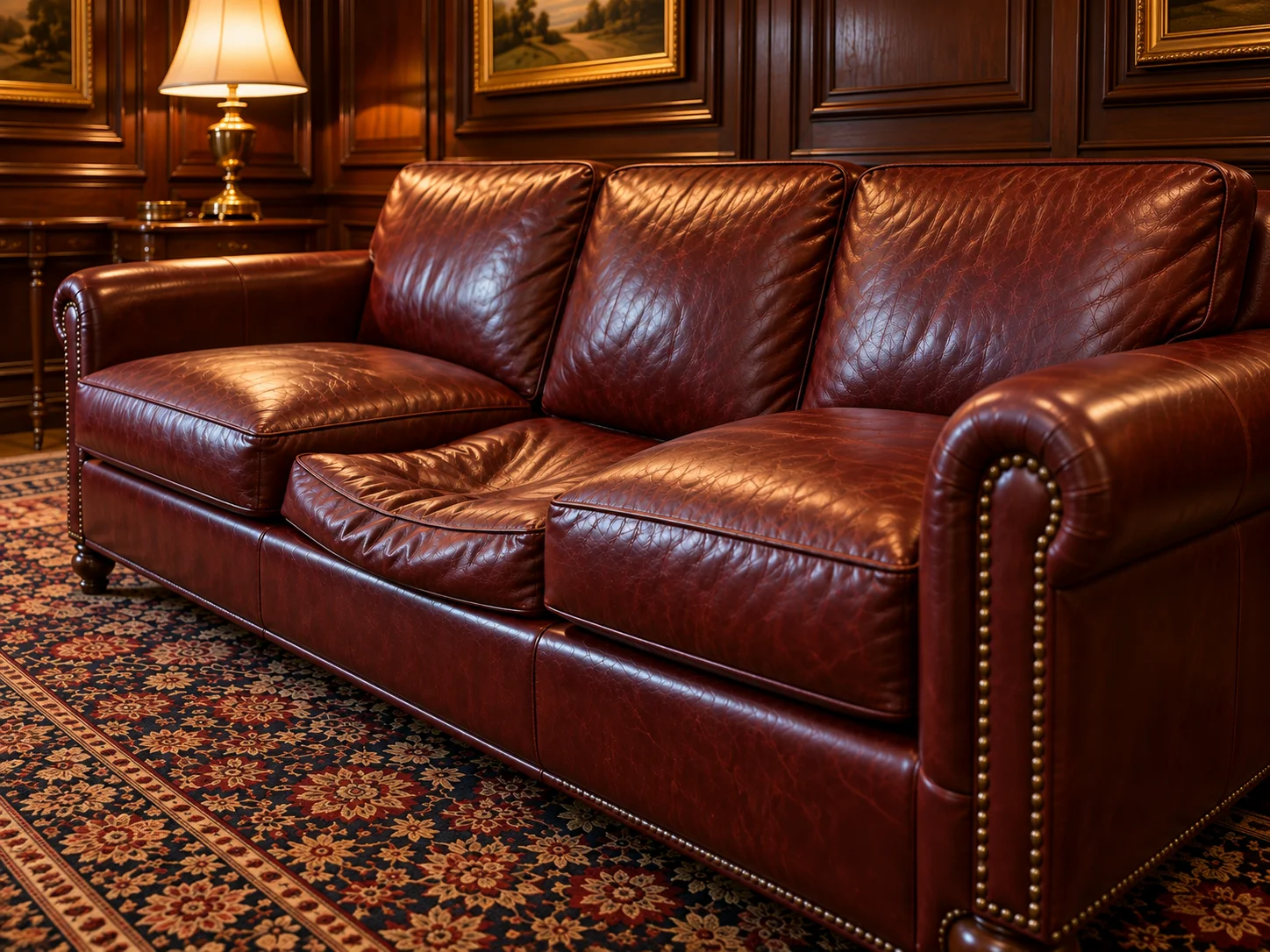 Before: a club settee with its middle seat sunk below the outer two