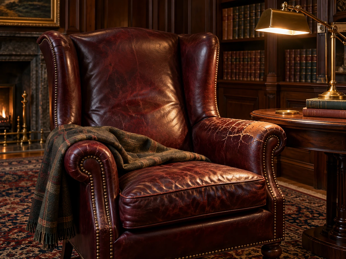 A clubhouse wingback with its cracked arm crown examined under a work lamp