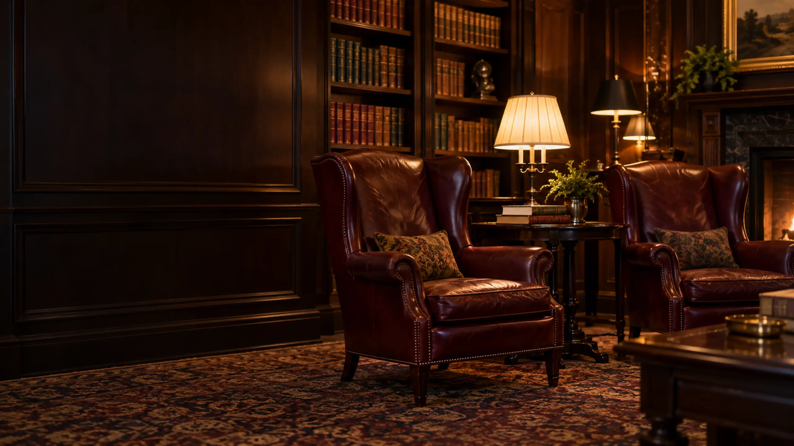 A clubhouse library in the evening with restored leather chairs by the shelves