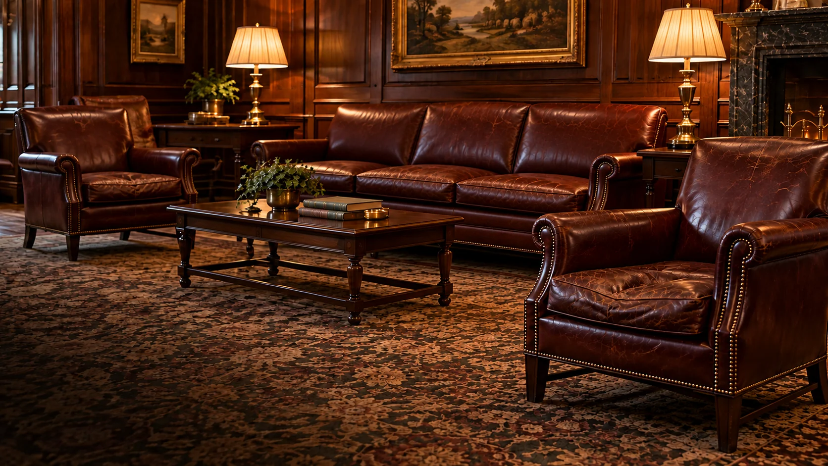 A clubhouse lounge in the evening with an empty leather settee under lamplight