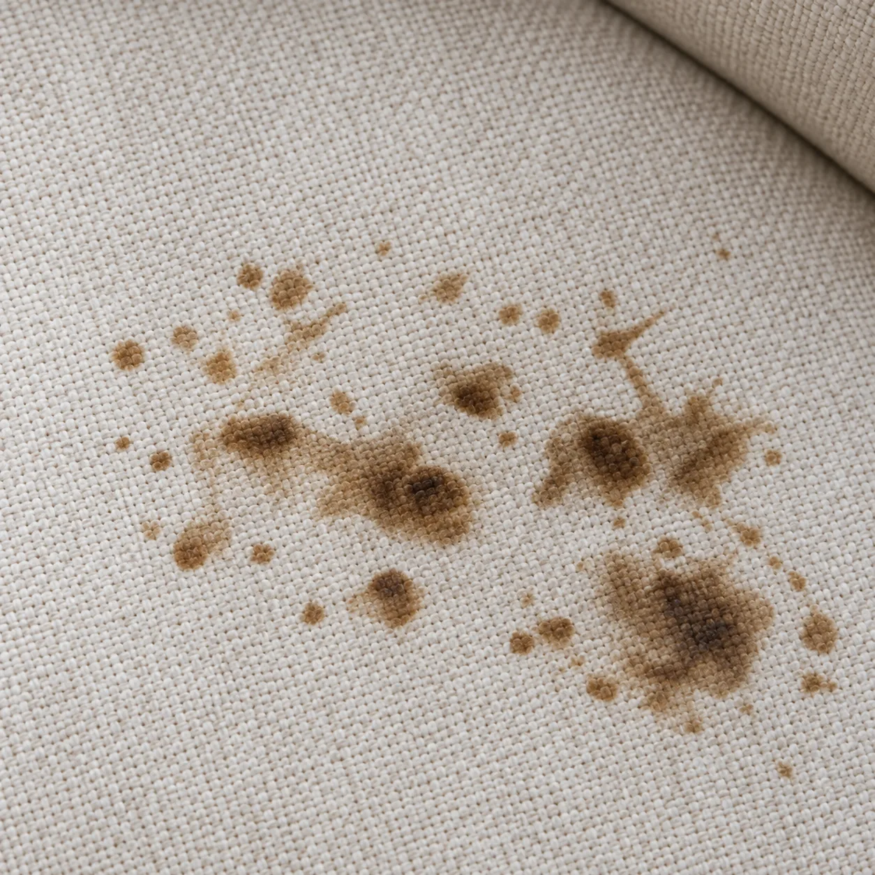 Set coffee splash marks on a cream linen headboard panel