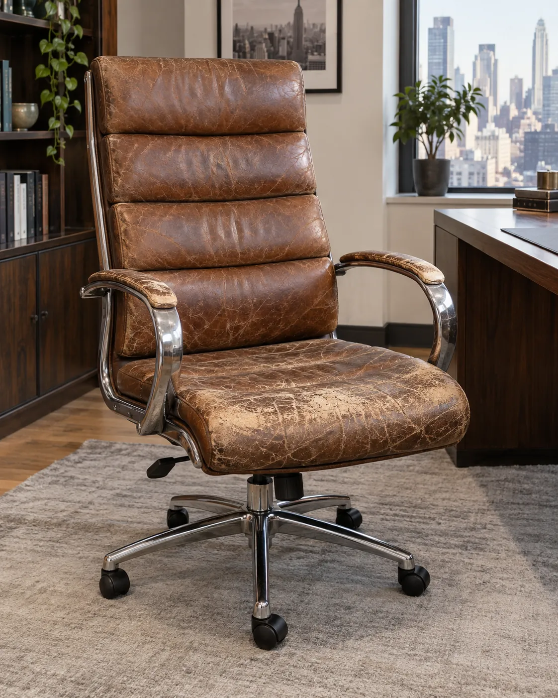 Before: a cognac leather executive chair worn and damaged
