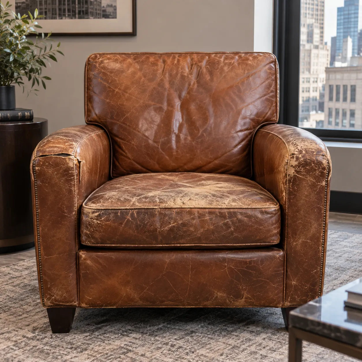 Before: a cognac leather armchair in an office, worn and cracked