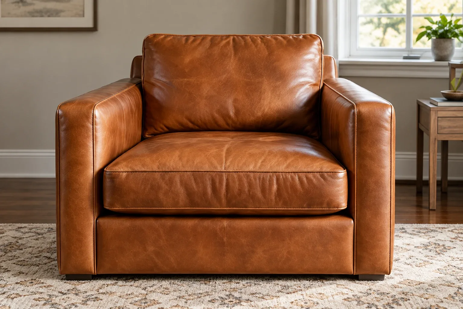 Cognac leather armchair on a patterned rug beside a bright window