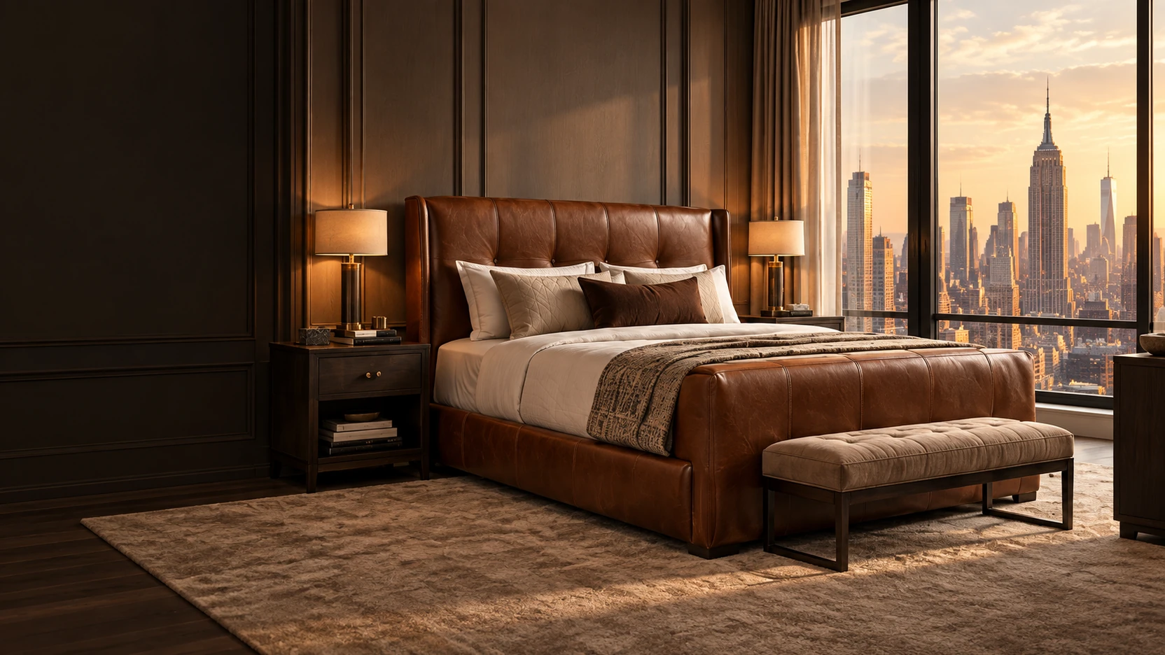 Leather bed frame repair in NYC: a cognac leather bed seen from the foot in a dark paneled bedroom, Manhattan skyline beyond the window at dusk