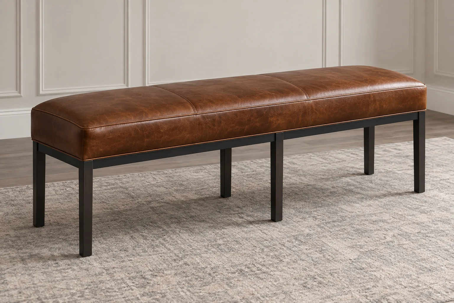 Cognac leather dining bench on a slim black metal base