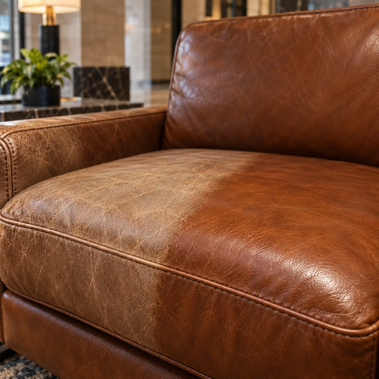 A cognac cushion being colour restored