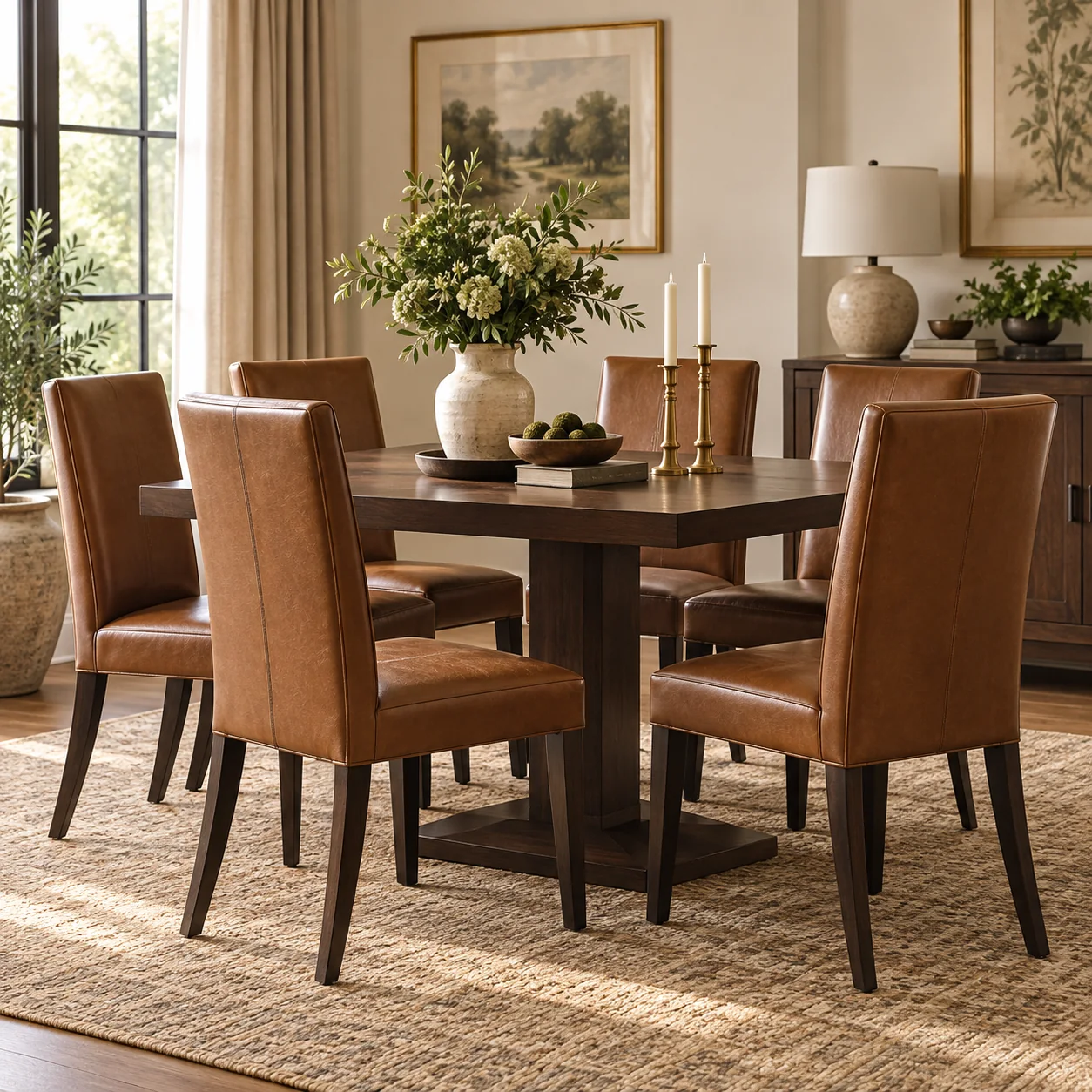 Cognac leather dining chairs around a table