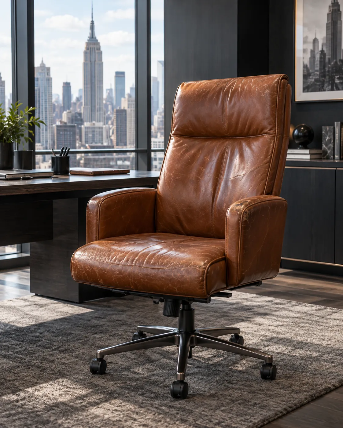 A cognac leather executive chair at a desk with a Manhattan skyline window