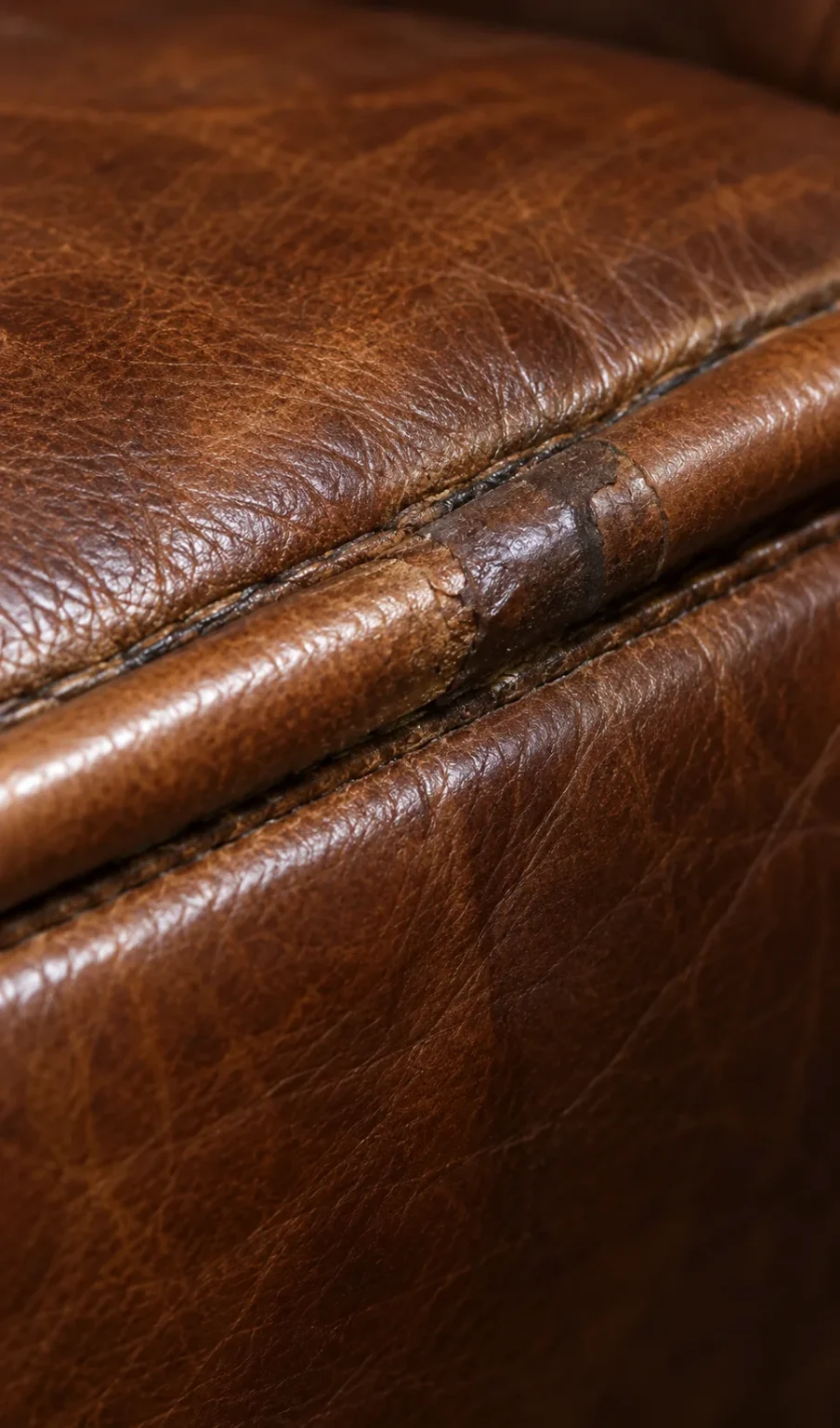Cognac leather cushion with a seam pulling apart
