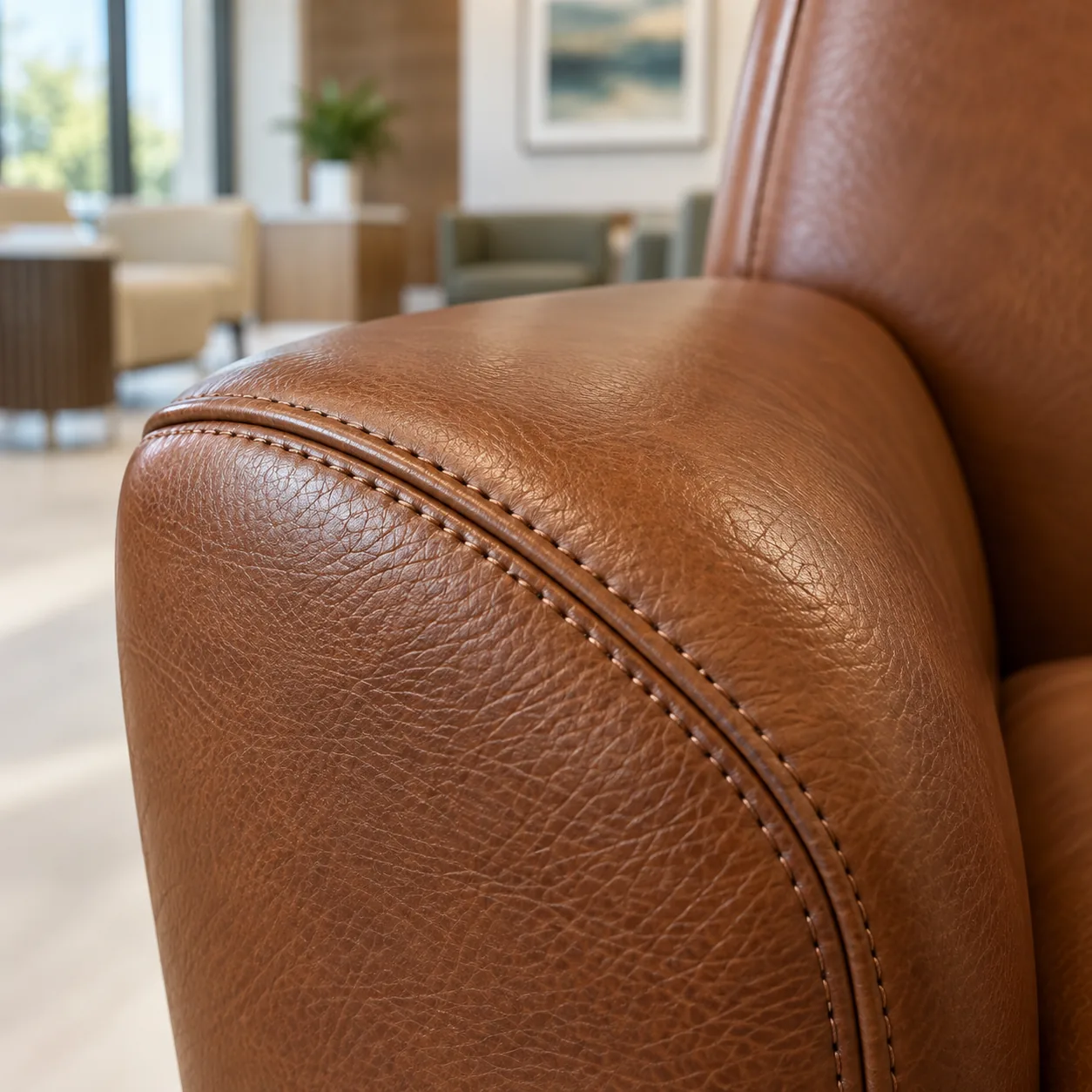 Cognac leather with top-stitching on the arm of a lounge chair