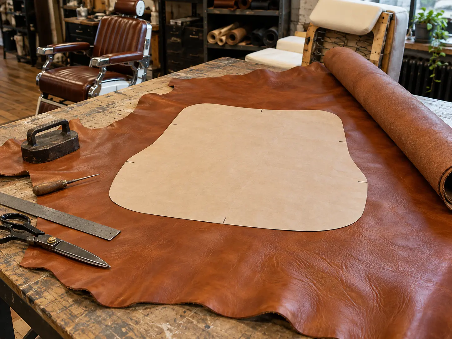 A cognac leather hide for a barber chair cover