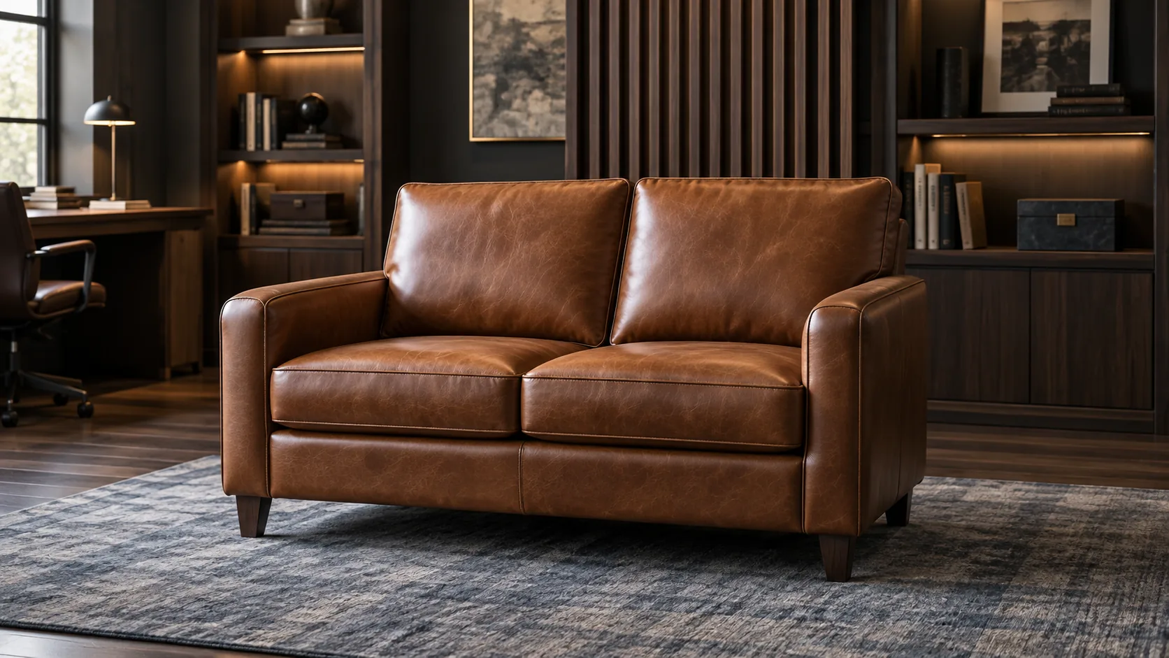 Cognac leather loveseat in a home office