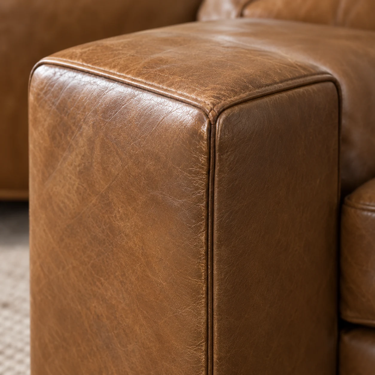 Panel seams mapped around the corner of a cognac leather sectional