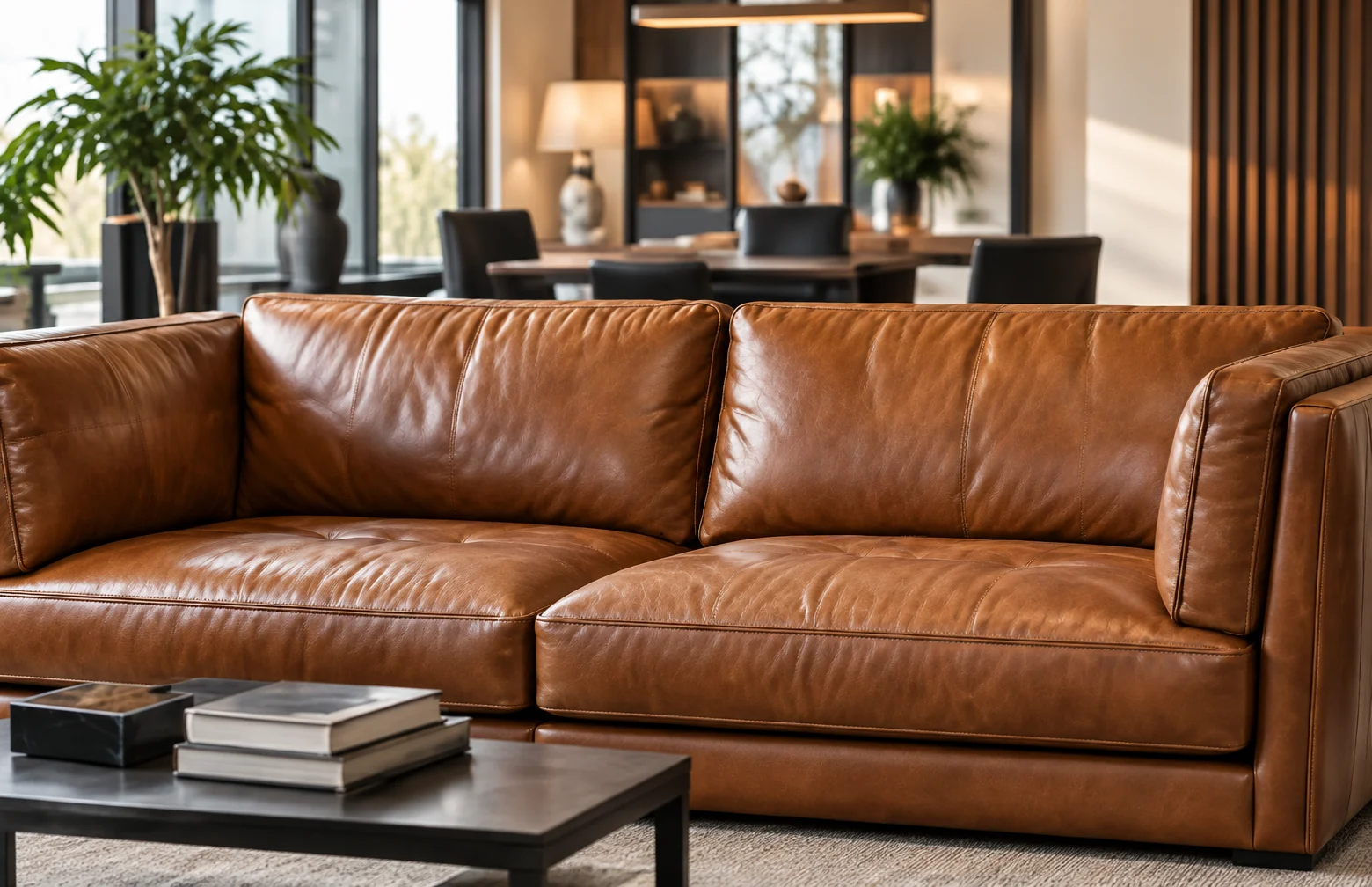 A cognac leather sofa in a bright modern living room