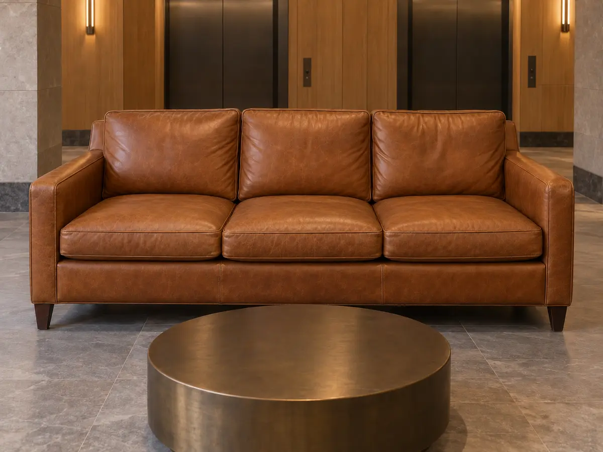 The same cognac lobby sofa after restoration