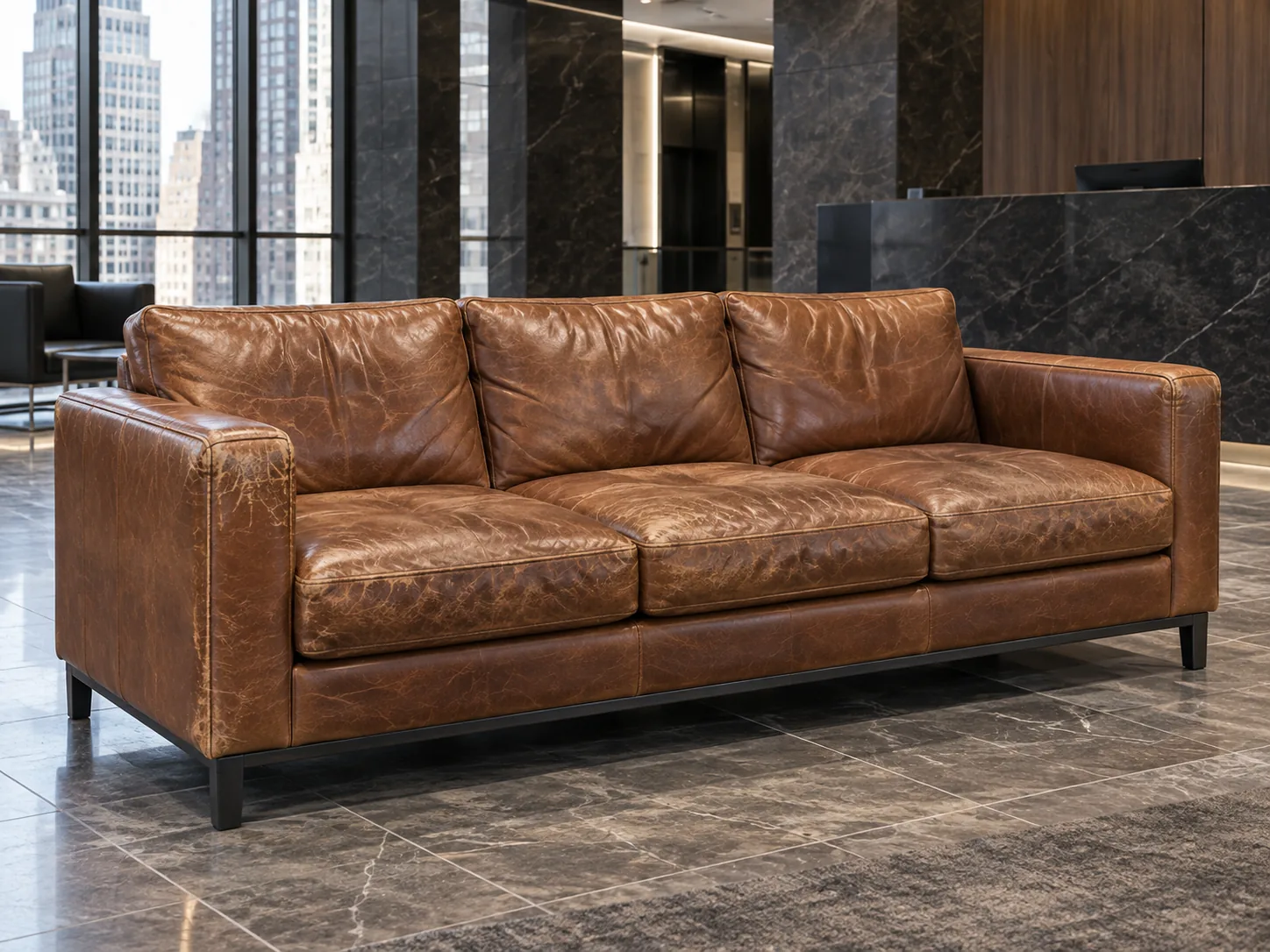 A worn, cracked cognac leather lobby sofa before restoration