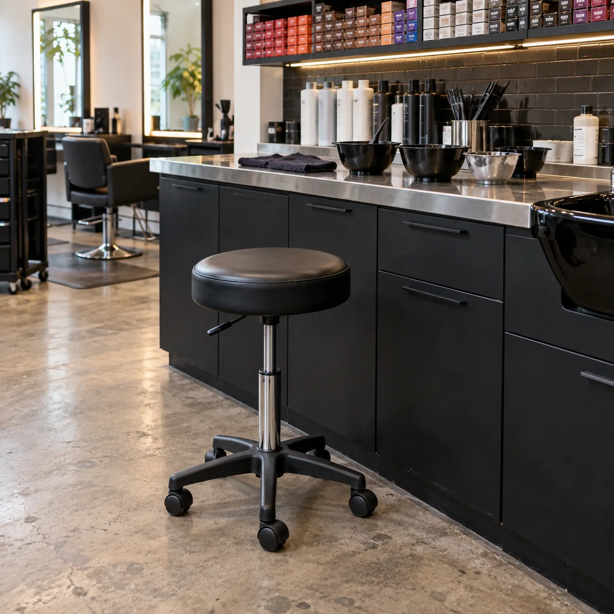 A black vinyl stool at a salon colour bar