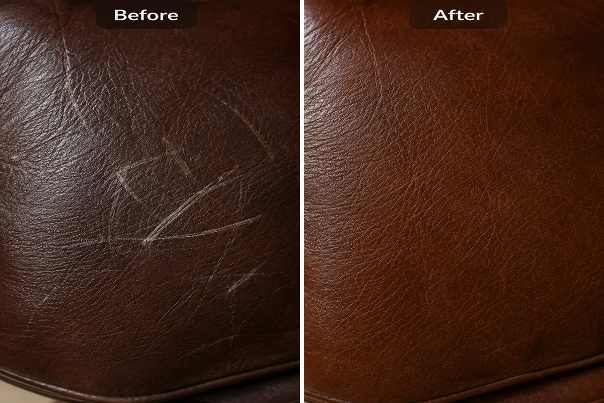 Close-up of brown leather before and after repair of colour loss caused by scratching
