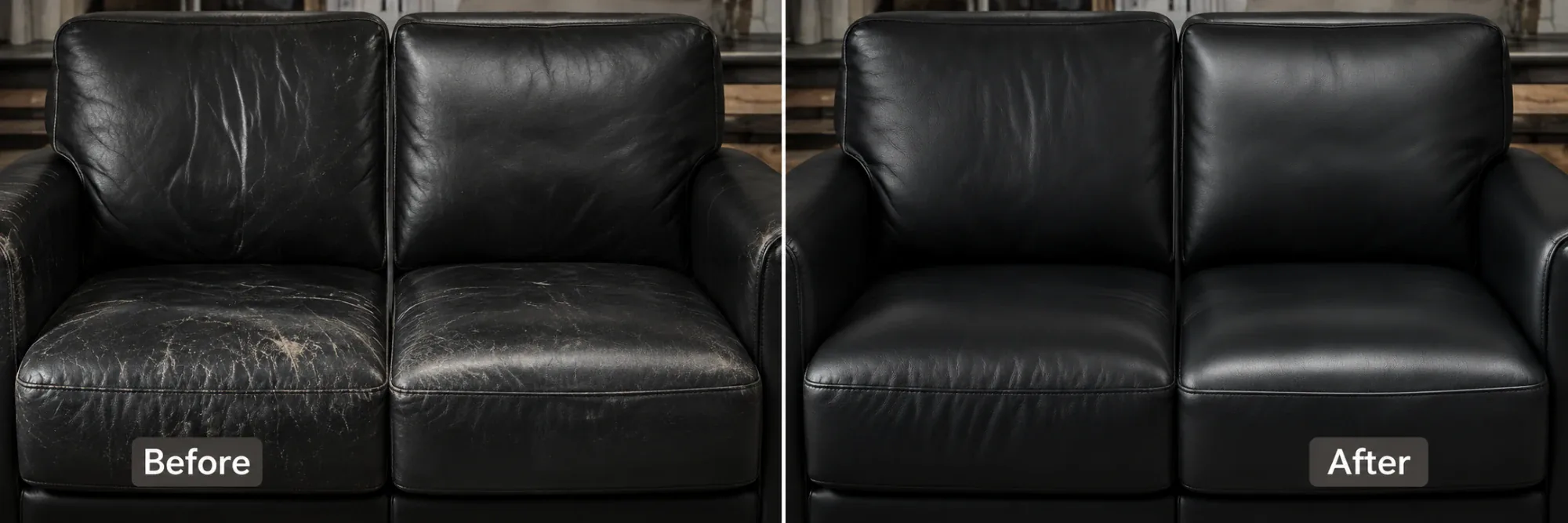 Black leather sofa scuffed pale across the seats, beside the same sofa restored to black